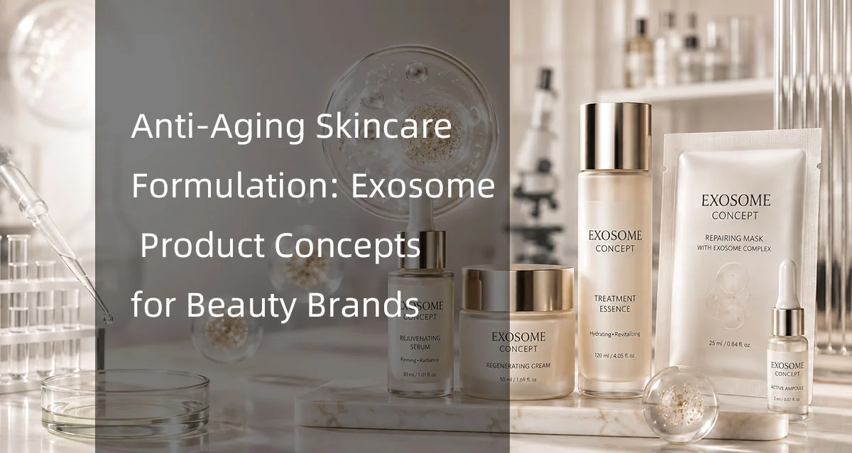 A collection of exosome-based anti-aging skincare products including serums, creams, essence, and masks, displayed on a marble surface. Laboratory equipment in the background.